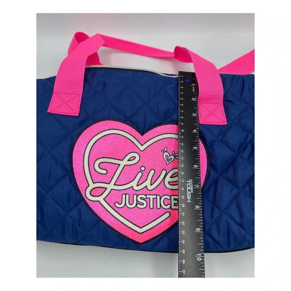 Justice‎ Girls Blue Quilted Duffel Bag Pink Glitter Heart Live Justice 2017